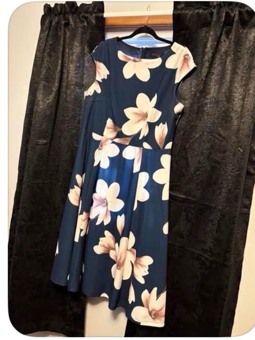 Navy Floral Midi Dress with Cream Blossoms